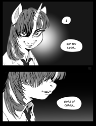 Size: 1556x2048 | Tagged: safe, artist:jellynut, twilight sparkle, pony, g4, 2 panel comic, black and white, comic, crossover, death note, female, grayscale, horn, light yagami, mare, monochrome, solo, speech bubble, talking