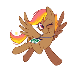 Size: 2048x1911 | Tagged: safe, artist:jellynut, oc, oc only, oc:mocha sunrise, pegasus, pony, female, looking at you, mare, one eye closed, pegasus oc, simple background, smiling, smiling at you, solo, spread wings, white background, wings, wink, winking at you