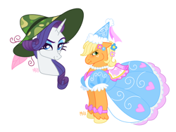 Size: 4000x3000 | Tagged: safe, artist:jellynut, applejack, rarity, earth pony, pony, unicorn, g4, griffon the brush off, look before you sleep, my little pony: friendship is magic, beach hat, bow, clothes, dress, duo, duo female, embarrassed, eyeshadow, fancy, female, flower, flower in hair, freckles, froufrou glittery lacy outfit, hat, hennin, horn, jewelry, makeup, mare, necklace, pearl necklace, princess, puffy sleeves, simple background, white background