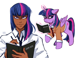 Size: 2048x1517 | Tagged: safe, artist:jellynut, twilight sparkle, alicorn, human, pony, g4, book, crossover, dark skin, death note, female, folded wings, glowing, glowing horn, horn, human female, humanized, levitation, light yagami, magic, magic aura, mare, simple background, telekinesis, twilight sparkle (alicorn), white background, wings