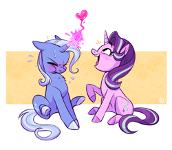 Size: 2048x1782 | Tagged: safe, artist:jellynut, starlight glimmer, trixie, pony, unicorn, g4, blushing, colored hooves, cute, diatrixes, duo, duo female, eyes closed, female, glimmerbetes, glowing, glowing horn, heart, hooves, horn, lesbian, looking at something, magic, magic aura, mare, open mouth, open smile, passepartout, raised hoof, ship:startrix, shipping, sitting, smiling, straining, sweat, sweatdrop