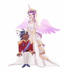 Size: 1764x1946 | Tagged: safe, artist:jellynut, princess cadance, shining armor, human, g4, blushing, breasts, busty princess cadance, cleavage, clothes, dark skin, dress, duo, duo male and female, female, heart, height difference, horn, horn ring, horned humanization, humanized, jewelry, larger female, light skin, looking at you, male, meme, physique difference, ring, ship:shiningcadance, shipping, simple background, size difference, slender, smaller male, smiling, smiling at you, sparkles, straight, tall, the bride and the ugly ass groom, thin, wedding dress, white background, winged humanization, wings