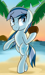 Size: 1500x2500 | Tagged: safe, artist:notadeliciouspotato, oc, oc only, oc:serene dive, earth pony, semi-anthro, beach, bipedal, coconut cup, female, hoof hold, looking at you, mare, smiling, solo, sun, water