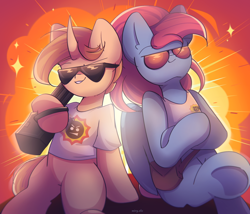 Size: 2750x2350 | Tagged: safe, artist:miryelis, oc, oc only, oc:brave boi, oc:rainven wep, pegasus, pony, unicorn, clothes, colt, explosion, female, foal, glasses, gun, horn, long hair, male, mare, serious sam, shirt, signature, sitting, smiling, sparkles, t-shirt, weapon