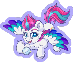 Size: 2251x1912 | Tagged: safe, artist:thehaywaiianhorse, zipp storm, pegasus, pony, g5, chibi, colored wings, female, looking at you, magnifying glass, mare, multicolored wings, open mouth, open smile, partially transparent background, simple background, smiling, smiling at you, solo, sparkles, starry eyes, unshorn fetlocks, wingding eyes, wings