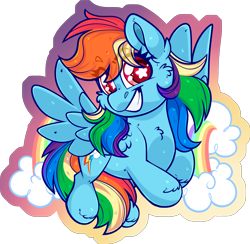 Size: 2096x2048 | Tagged: safe, artist:thehaywaiianhorse, rainbow dash, pegasus, pony, g4, chibi, female, grin, looking at you, mare, multicolored hair, partially transparent background, rainbow hair, smiling, smiling at you, solo, spread wings, starry eyes, wingding eyes, wings