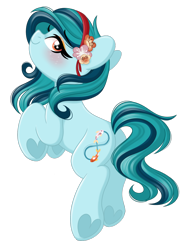 Size: 1210x1653 | Tagged: safe, artist:emberslament, oc, oc only, oc:koi blossom, earth pony, cute, earth pony oc, eyeshadow, female, flower, flower in hair, headband, heart, heart eyes, hoof heart, makeup, mare, simple background, solo, transparent background, underhoof, wingding eyes