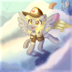 Size: 1500x1500 | Tagged: safe, artist:amitadust, derpy hooves, pegasus, pony, g4, bag, canterlot, cloud, cute, derpabetes, female, hat, letter, mailbag, mailmare, mailmare hat, mare, open mouth, open smile, outdoors, sky, smiling, solo, spread wings, wings