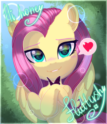 Size: 1518x1756 | Tagged: safe, artist:amitadust, fluttershy, butterfly, pegasus, pony, g4, blushing, bust, cute, female, front view, full face view, heart, hi, hooves to the chest, looking at you, mare, name, outdoors, pictogram, portrait, shyabetes, smiling, smiling at you, solo, speech bubble, wings