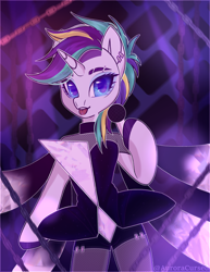 Size: 2160x2794 | Tagged: safe, artist:amitadust, rarity, unicorn, semi-anthro, g4, alternate hairstyle, chains, choker, clothes, dress, ear piercing, female, fishnet clothing, horn, looking at you, mare, microphone, open mouth, piercing, punk, raised hoof, raripunk, solo, tongue piercing