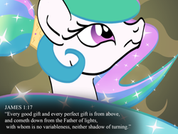 Size: 1600x1200 | Tagged: safe, artist:1611volk, princess celestia, alicorn, pony, g4, bible, bible verse, bust, christianity, ethereal mane, female, hairband, mare, ponytail, religion, solo, text