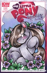 Size: 600x928 | Tagged: safe, artist:daphnelage, idw, marble pie, earth pony, g4, my little pony: friendship is magic (idw), blushing, comic cover, cover, cover art, female, flower, sketch cover, solo, solo female, traditional art