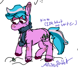 Size: 495x431 | Tagged: safe, artist:arsonrabbit, oc, oc only, oc:frigid flower, earth pony, pony, g4, blue hair, blue mane, blue tail, clothes, digital art, doodle, earth pony oc, freckles, hooves, looking at something, looking down, male, pink coat, plant, raised hoof, red eyes, red hooves, scarf, signature, simple background, solo, stallion, tail, text