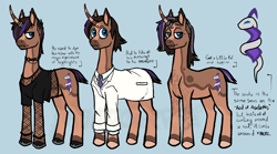 Size: 3900x2162 | Tagged: safe, artist:manticorpse, oc, oc:hazelnutspread, unicorn, clothes, emo, horn, lab coat, male, piercing, stallion