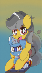 Size: 2000x3500 | Tagged: safe, artist:trackheadtherobopony, oc, oc:silverstream (robot pony), oc:thunder (fl), original species, pegasus, pony, robot, robot pony, wheelpone, looking at you, riding, riding a pony, smoke