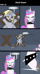 Size: 1920x3516 | Tagged: safe, artist:platinumdrop, derpy hooves, princess flurry heart, alicorn, pegasus, pony, comic:dark heart, g4, abuse, alternate timeline, bondage, bondage cross, bondage cuffs, bondage furniture, bondage gear, bound, bound wings, bound wrists, bruised, collar, comic, commission, crying, crystal, crystal castle, crystal empire, cuffed, cuffs, dark crystal, derpybuse, dialogue, dungeon, evil, evil flurry heart, female, folded wings, helpless, horn, indoors, looking at someone, mare, oh no, older, older derpy hooves, older flurry heart, prisoner, punishment, restrained, sad, sad pony, slave, slave collar, smiling, smug, speech bubble, spiked collar, spiked wristband, spread eagle, spread legs, spreading, teary eyes, this will not end well, uh oh, victorious villain, walking, wall of tags, wings, wristband, yelling, you monster