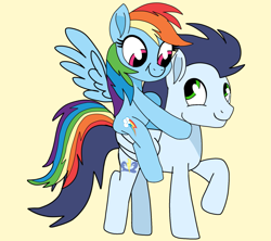 Size: 1571x1394 | Tagged: safe, artist:pinky cloudy, rainbow dash, soarin', pegasus, pony, g4, female, male, mare, movie accurate, ponies riding ponies, riding, riding a pony, ship:soarindash, shipping, stallion, straight