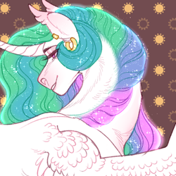 Size: 512x512 | Tagged: safe, artist:snowberry, princess celestia, alicorn, pony, g4, abstract background, bust, curved horn, ear fluff, ear piercing, earring, ethereal mane, horn, jewelry, looking away, lowres, male, piercing, prince solaris, profile picture, rear view, rule 63, smiling, solo focus, sparkles, spread wings, stallion, teeth, wings