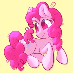 Size: 1933x1933 | Tagged: safe, artist:cupute, pinkie pie, earth pony, pony, g4, adorable face, big ears, big eyes, blue eyes, bluesky, creature, curly hair, curly mane, curly tail, cute, cute face, diapinkes, ears up, female, frizzy hair, full body, highlights, imported from bluesky, looking at each other, looking at hooves, looking at someone, looking at something, looking forward, lying down, mascara, messy mane, nerd, pink coat, pink hair, pink mane, pink tail, ponk, shiny, shiny mane, silly, simple background, smiling, tail, thick eyelashes, yellow background