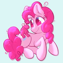 Size: 1933x1933 | Tagged: safe, artist:cupute, pinkie pie, earth pony, pony, g4, adorable face, big ears, big eyes, blue background, blue eyes, bluesky, creature, curly hair, curly mane, curly tail, cute, cute face, diapinkes, ears up, female, frizzy hair, full body, highlights, imported from bluesky, looking at each other, looking at hooves, looking at someone, looking at something, looking forward, lying down, mascara, messy mane, nerd, pink coat, pink hair, pink mane, pink tail, ponk, shiny, shiny mane, silly, simple background, smiling, tail, thick eyelashes