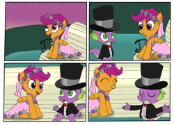 Size: 1054x758 | Tagged: safe, artist:nick-alex-gin, scootaloo, spike, dragon, pegasus, pony, bench, clothes, comic, dress, duo, duo male and female, female, grass, hat, male, night, ship:scootaspike, shipping, straight, top hat, tuxedo