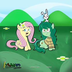 Size: 1730x1730 | Tagged: safe, artist:therich4270, angel bunny, fluttershy, wallflower blush, earth pony, pegasus, pony, equestria girls, equestria girls specials, g4, my little pony equestria girls: forgotten friendship, clothes, digital art, female, flower, flower in hair, flutterblush, grass, hill, lesbian, ponified, shipping, signature, sweater, trio