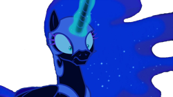 Size: 1280x720 | Tagged: safe, edit, edited screencap, editor:natebrony2001, screencap, nightmare moon, alicorn, pony, g4, background removed, bust, female, glowing, glowing horn, horn, mare, shrunken pupils, solo, wide eyes