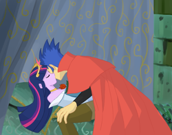 Size: 1140x897 | Tagged: safe, artist:siemensohm, flash sentry, twilight sparkle, human, equestria girls, g4, big crown thingy, duo, duo male and female, element of magic, eyes closed, female, flower, jewelry, kiss on the lips, kissing, male, regalia, rose, ship:flashlight, shipping, sleeping beauty, straight