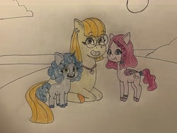 Size: 4032x3024 | Tagged: safe, artist:lnx1ynight16, oc, oc:fluffy star, oc:holley heart, oc:rosie blossom, earth pony, pegasus, unicorn, braid, charm, curly mane, family, female, filly, foal, folded wings, freckles, glasses, heart, horn, jewelry, mole, mother and child, mother and daughter, necklace, open mouth, sitting, smiling, unicorn horn, unshorn fetlocks, wings