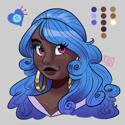 Size: 2048x2048 | Tagged: safe, artist:twillow, part of a set, izzy moonbow, human, g5, bust, color palette, dark skin, ear piercing, earring, gray background, high res, hooped earrings, humanized, jewelry, looking at you, piercing, signature, simple background, smiling, smiling at you