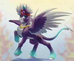 Size: 2048x1669 | Tagged: safe, artist:querisyart, oc, oc only, pegasus, pony, abstract background, chains, chest fluff, eye scar, facial scar, fangs, goggles, goggles on head, grin, scar, smiling, solo, spread wings, unshorn fetlocks, watermark, wings