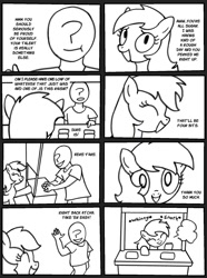 Size: 1300x1750 | Tagged: safe, artist:kid wizard, oc, oc:anon, human, pony, g4, 16 panel comic, baker, black and white, bread, buying, comfy, comic, duo, female, food, free samples, grayscale, happy, human oc, lineart, male, mare, monochrome