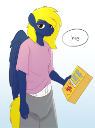 Size: 2636x3521 | Tagged: safe, artist:edrian, oc, oc only, oc:naveen numbers, anthro, g4, cereal, chunky puffs, clothes, diaper, diaper under clothes, diaper usage, diapered, ed edd n eddy, female, food, gradient background, mare, non-baby in diaper, pants, pissing, shirt, soaked diaper, solo, urine, used diaper, using diaper, wet diaper, wetting, wetting diaper, wings