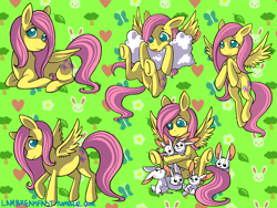 Size: 1500x1125 | Tagged: safe, artist:lambreakfast, fluttershy, butterfly, pegasus, rabbit, g4, animal, cloud, heart