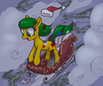 Size: 3000x2500 | Tagged: safe, artist:t72b, oc, oc only, oc:blocky bits, earth pony, pony, bipedal, bipedal leaning, christmas, cloud, female, flying, forest, hat, holiday, leaning, mare, nature, open mouth, outdoors, santa hat, sleigh, snow, solo, tree, windswept mane