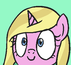 Size: 265x241 | Tagged: safe, alternate character, alternate version, artist:jargon scott, oc, oc only, oc:limit state, pony, unicorn, bust, female, green background, head only, horn, icon, light green background, mare, portrait, simple background, smiling, solo, unicorn oc