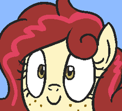 Size: 265x241 | Tagged: safe, alternate character, alternate version, artist:jargon scott, oc, oc only, oc:cheesecake, earth pony, pony, blue background, bust, earth pony oc, female, freckles, head only, icon, mare, portrait, simple background, smiling, solo