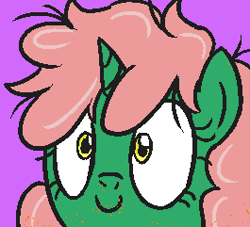 Size: 265x241 | Tagged: safe, alternate character, alternate version, artist:jargon scott, oc, oc only, oc:dewdrop, pony, unicorn, bust, female, head only, horn, icon, mare, portrait, purple background, simple background, smiling, solo, unicorn oc