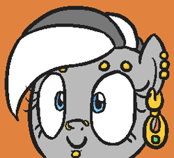 Size: 265x241 | Tagged: safe, alternate character, alternate version, artist:jargon scott, oc, oc only, oc:pierced zebra, zebra, bust, ear piercing, earring, eyebrow piercing, female, head only, icon, jewelry, lip piercing, nose piercing, orange background, piercing, portrait, simple background, solo, zebra oc