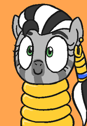 Size: 265x382 | Tagged: safe, alternate character, alternate version, artist:jargon scott, oc, oc only, oc:long neck zebra, zebra, bust, ear piercing, earring, female, icon, jewelry, neck rings, orange background, piercing, portrait, simple background, smiling, solo, zebra oc