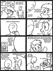 Size: 1300x1750 | Tagged: safe, artist:kid wizard, part of a set, oc, oc:anon, human, pony, g4, 8 panel comic, baker, black and white, bread, comfy, comic, duo, female, food, free samples, grayscale, happy, human oc, lineart, male, mare, monochrome, part of a series