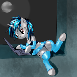 Size: 1024x1024 | Tagged: safe, artist:snus-kun, dj pon-3, vinyl scratch, unicorn, semi-anthro, g4, bra, bra on pony, chest fluff, clothes, computer, female, horn, human shoulders, humanoid torso, laptop computer, mare, midriff, moon, panties, red eyes, shoulder fluff, skirt, solo, thicc thighs, thighs, thunder thighs, underwear, wide hips