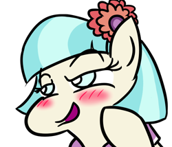 Size: 592x507 | Tagged: safe, artist:jargon scott, coco pommel, earth pony, pony, g4, 2017, blushing, bust, female, flower, flower in hair, lidded eyes, mare, open mouth, open smile, portrait, simple background, smiling, smug, white background