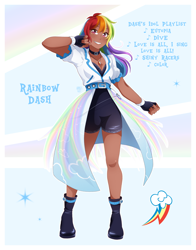 Size: 1606x2048 | Tagged: safe, artist:applesartt, rainbow dash, human, g4, clothes, dark skin, female, humanized, idol, looking at you, music notes, smiling, smiling at you, solo, tomboy