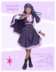 Size: 1606x2048 | Tagged: safe, artist:applesartt, twilight sparkle, human, g4, clothes, dark skin, female, humanized, idol, looking at you, smiling, smiling at you, solo