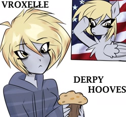 Size: 1400x1300 | Tagged: safe, artist:vroxelle, derpy hooves, human, pegasus, pony, g4, american flag, clothes, digital art, female, food, hoodie, humanized, mare, muffin, raised hoof, salute, self paradox, short hair, simple background, white background