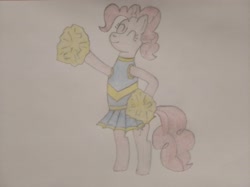 Size: 4032x3016 | Tagged: safe, artist:jakusi, pinkie pie, pony, g4, bipedal, cheering, cheerleader, clothes, female, mare, pinktober, pom pom, skirt, solo, traditional art