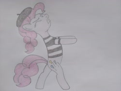 Size: 4032x3016 | Tagged: safe, artist:jakusi, pinkie pie, pony, g4, beret, clothes, female, hat, invisible, mare, mime, pinktober, pulling, shirt, solo, striped shirt, traditional art