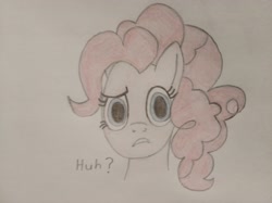 Size: 4032x3016 | Tagged: safe, artist:jakusi, pinkie pie, pony, g4, amogus, among us, bust, confused, female, impostor, looking at you, mare, meme, pinktober, portrait, solo, traditional art