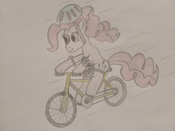 Size: 4032x3016 | Tagged: safe, artist:jakusi, pinkie pie, pony, g4, bicycle, bike helmet, elbow pads, female, helmet, knee pads, mare, pedaling, pinktober, protection, solo, traditional art